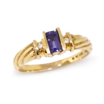 10KT Yellow Gold Rectangle Iolite Two Diamond Accent Ring