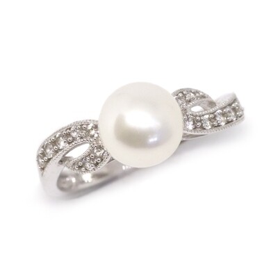 14KT White Gold Pearl Created White Sapphire Twist Ring