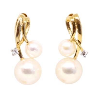 14KT Yellow Gold Dual Freshwater Cultured Pearl Diamond Accent Swirl Earrings