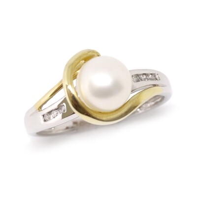 14KT TwoTone Gold Pearl Diamond Swirl Ring