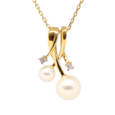 14KT Yellow Gold Freshwater Cultured Dual Pearl Diamond Accents Swirl Necklace