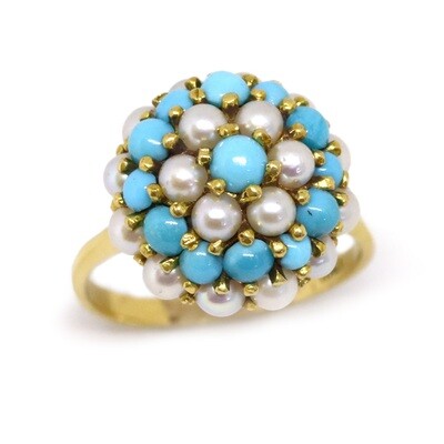 18KT Yellow Gold Pearl and Turquoise Cluster Ring