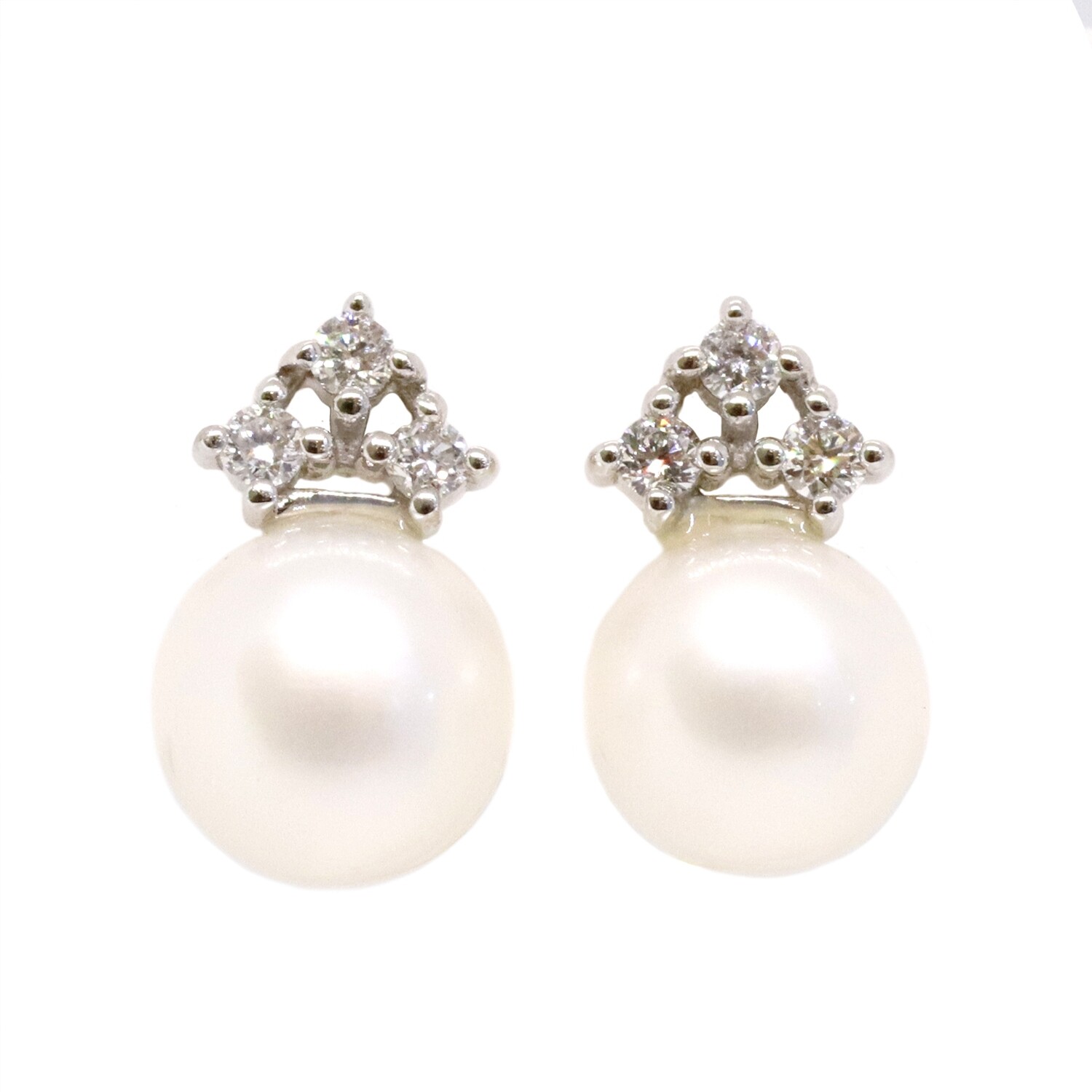 10KT White Gold Pearl Three Diamond Cluster Earrings