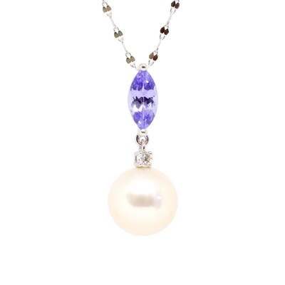 14KT White Gold Freshwater Pearl Marquis Tanzanite Round Diamond Accent Necklace