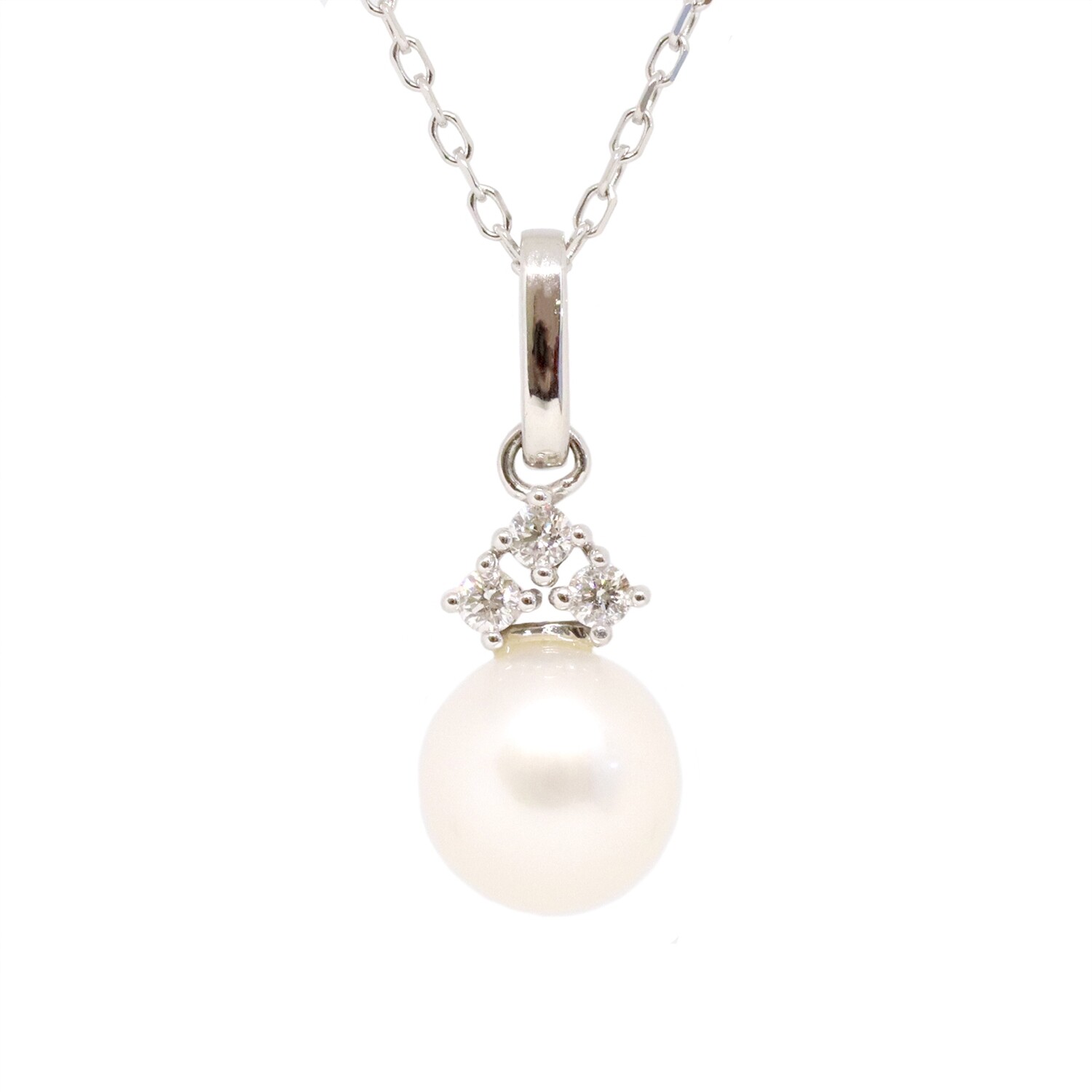 10KT White Gold Pearl Three Diamond Cluster Necklace