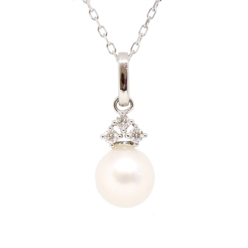 10KT White Gold Pearl Three Diamond Cluster Necklace