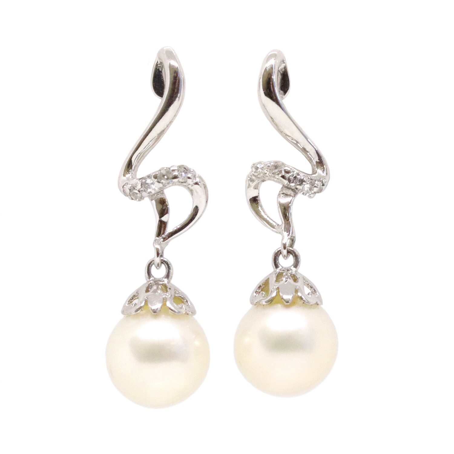 Silver Pearl Diamond Swirl Earring