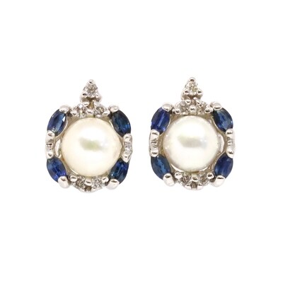 14KT White Gold Pearl and Marquis Sapphire and Round Diamond Halo Earrings