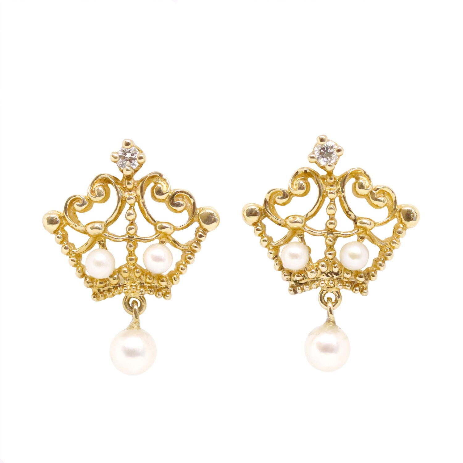 14KT Yellow Gold Pearl Diamond Accent Crown Earrings