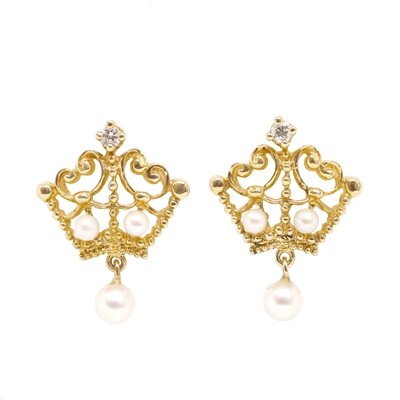 14KT Yellow Gold Pearl Diamond Accent Crown Earrings
