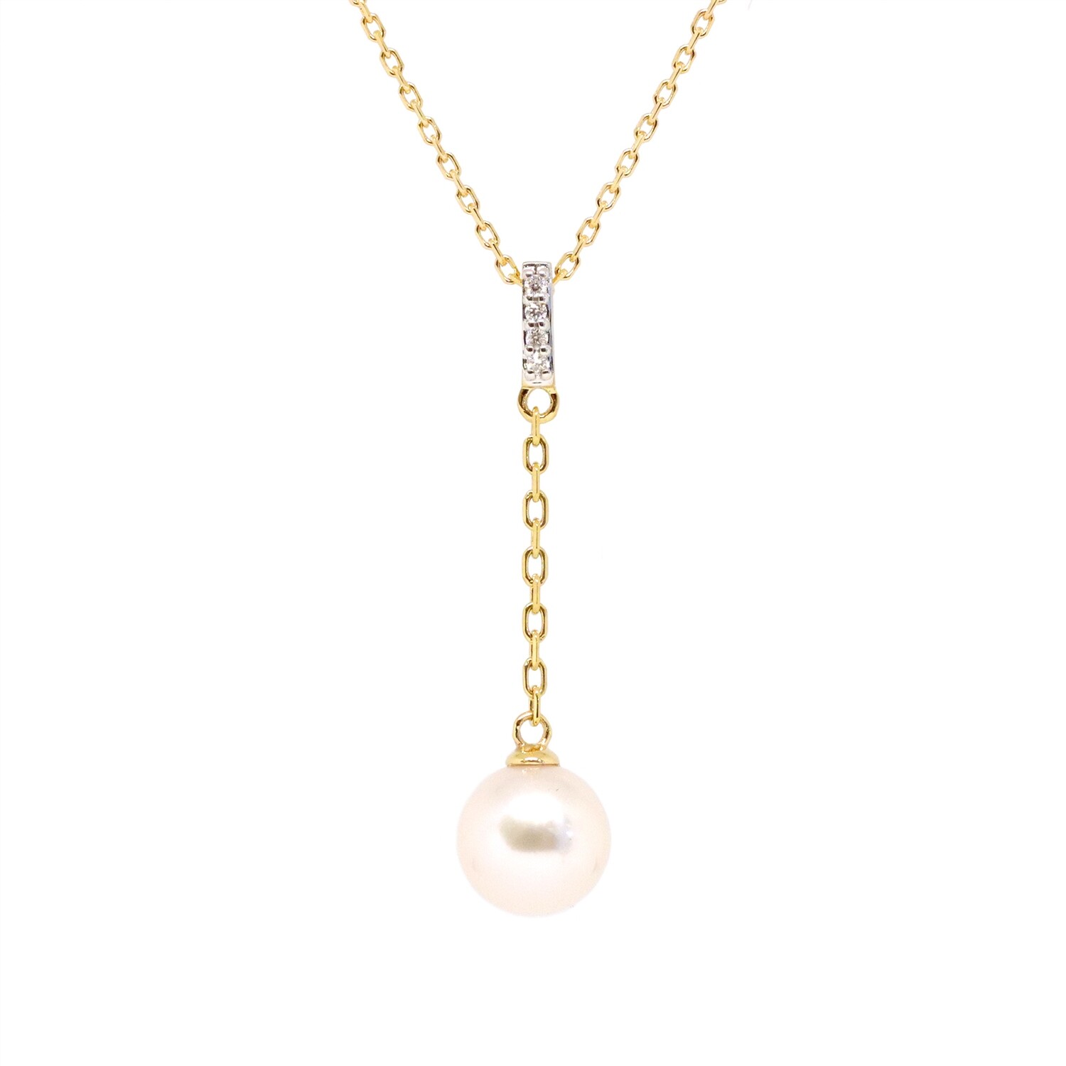 14KT Yellow Gold Akoya Pearl Diamond Bail Drop Pendant Necklace
