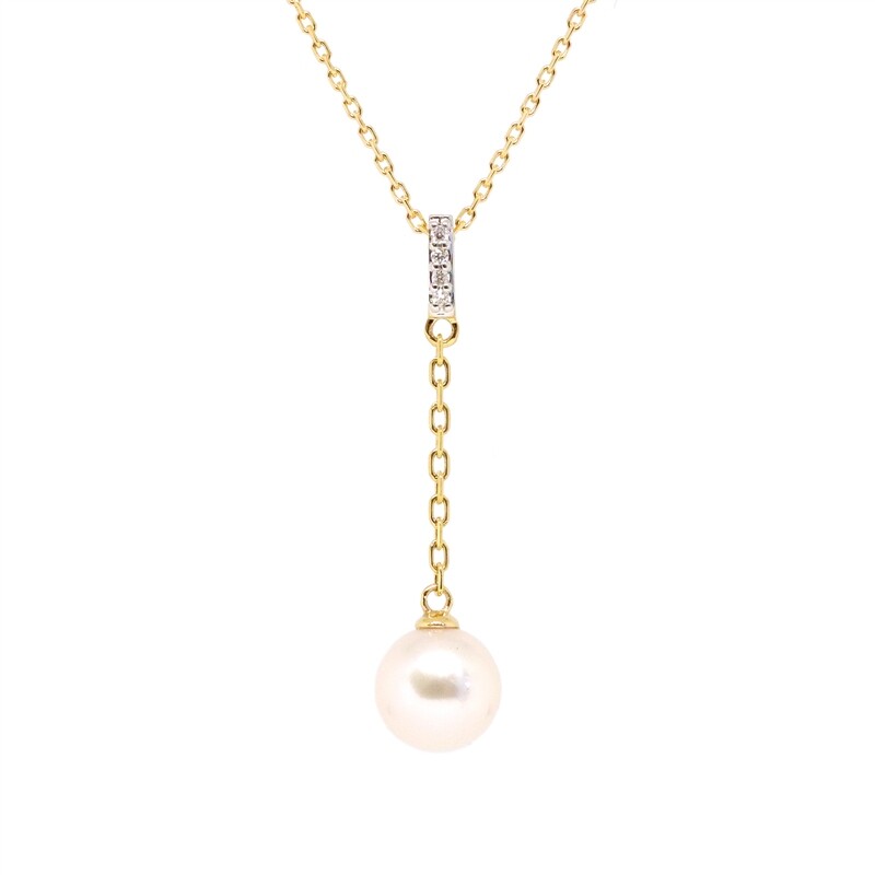 14KT Yellow Gold Akoya Pearl Diamond Bail Drop Pendant Necklace