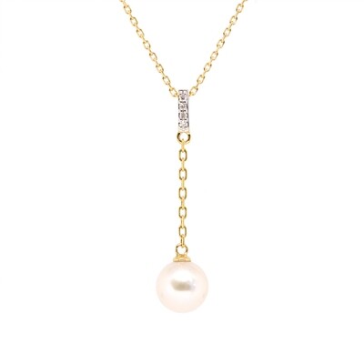 14KT Yellow Gold Akoya Pearl Diamond Bail Drop Pendant Necklace
