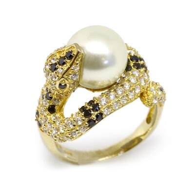 Gold-Plated White Bead with Black Onyx and Cubic Zirconium Snake Ring