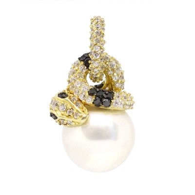 Gold-Plated White Bead with Black Onyx and Cubic Zirconium Snake Pendant