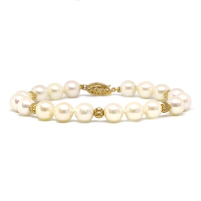 14KT Yellow Gold Pearl with Five Gold Bead Bracelet