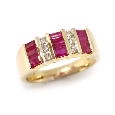 14KT Yellow Gold Nine Baguette Ruby Six Round Diamond Ring