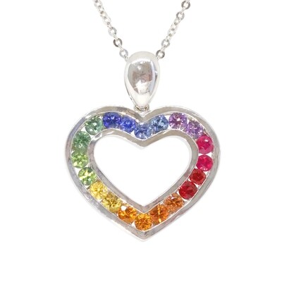 14KT White Gold Rainbow Sapphire Heart Necklace