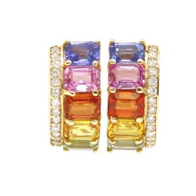 14KT Yellow Gold Rainbow Sapphire Diamond Hoop Earrings