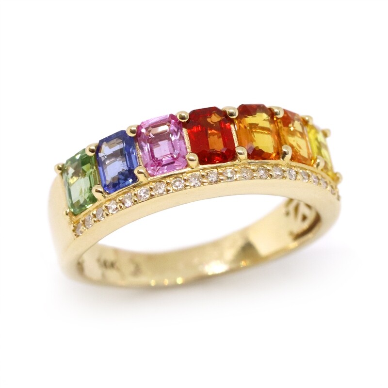 14KT Yellow Gold Colored Sapphire Diamond Band