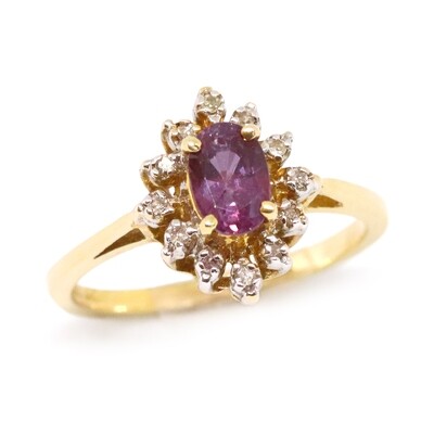 14KT Yellow Gold Oval Ruby Diamond Halo Ring