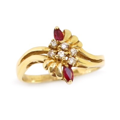 14KT Yellow Gold Two Marquis Ruby Six Diamond Ring