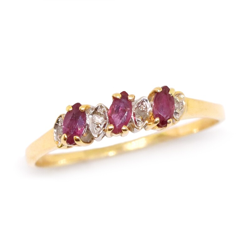 10KT Yellow Gold Three Marquis Ruby Four Round Diamond Ring