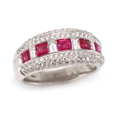 14KT White Gold Princess Ruby Baguette and Round Diamond Band