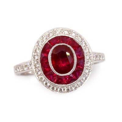14KT White Gold Oval and Fancy-Cut Rubies Round Diamond Halo Ring