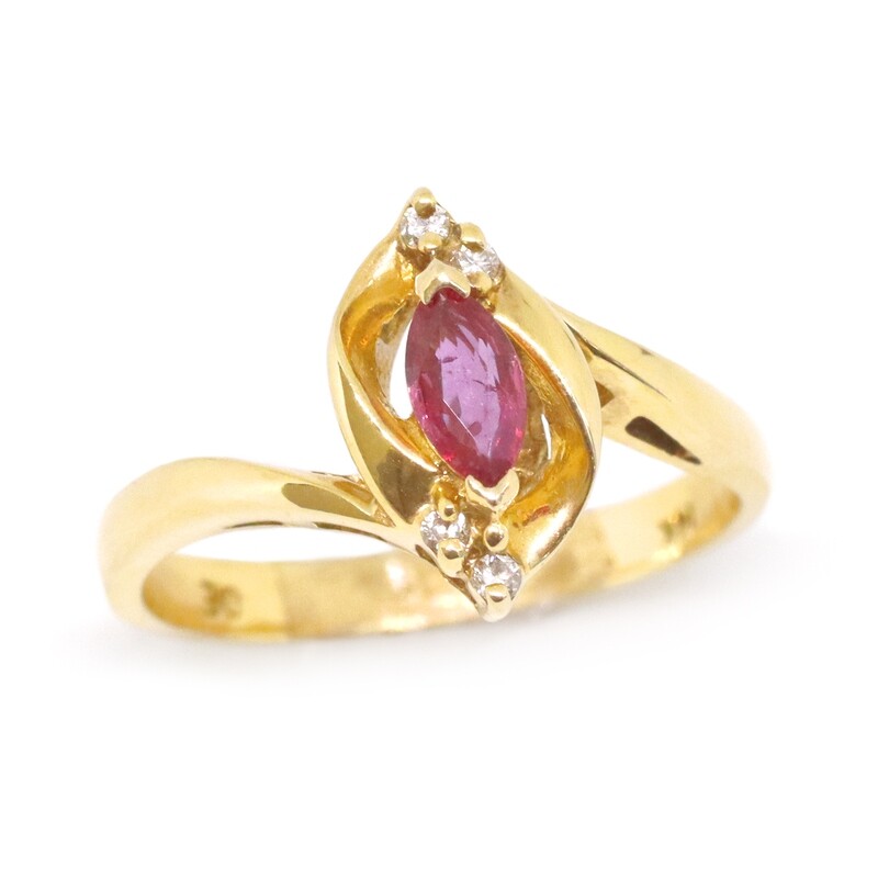 14KT Yellow Gold Marquis Ruby Four Round Diamond Accent Ring