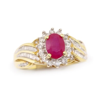 10KT Yellow Gold Oval Ruby Diamond Halo and Twist Ring
