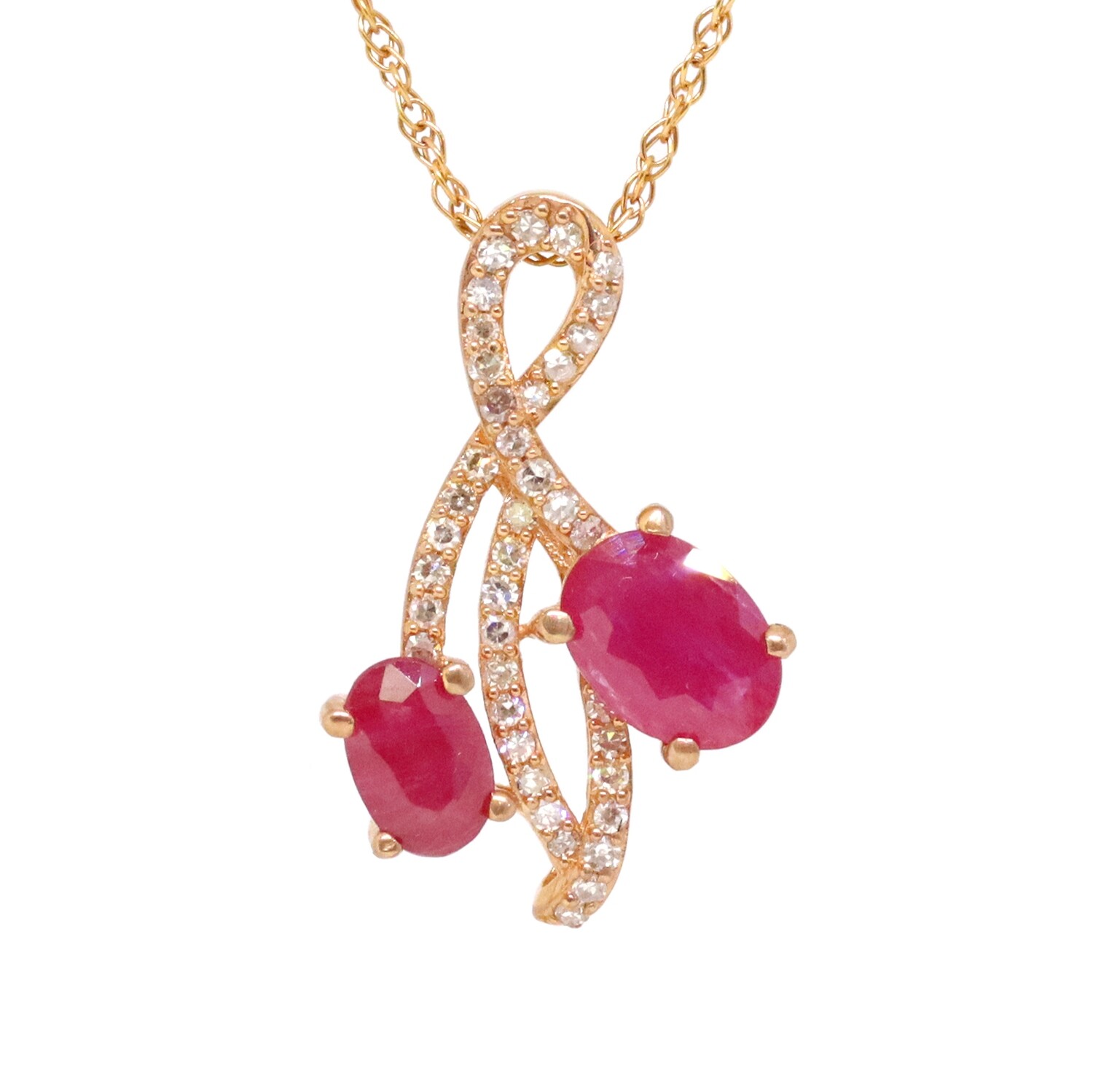 10KT Rose Gold Dual Oval Ruby Diamond Swirl Necklace