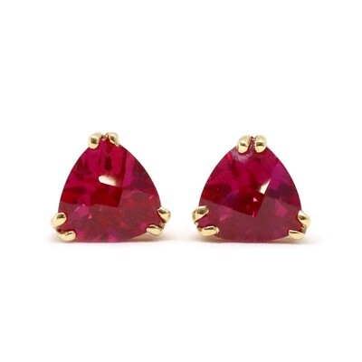 14KT Yellow Gold Created Checkered Trillion Ruby Stud Earrings
