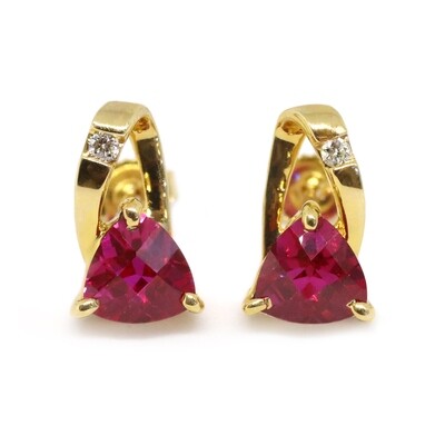 14KT Yellow Gold Created Checkered Trillion Ruby Stud Earrings​