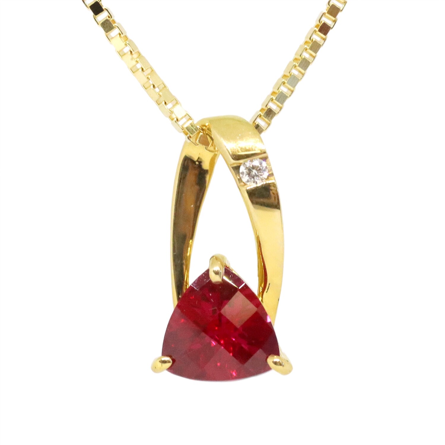 14KT Yellow Gold Created Checkered Trillion Ruby Diamond Twist Necklace