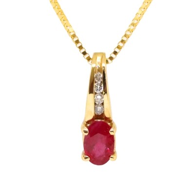 14KT Yellow Gold Oval Ruby Four Diamond Accent Necklace