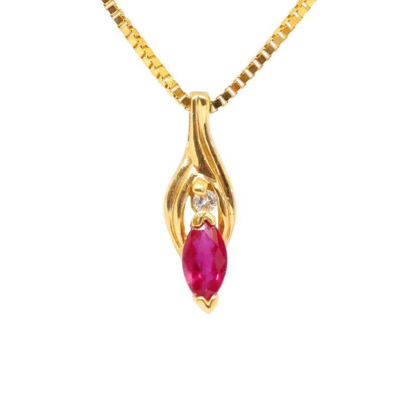 14KT Yellow Gold Marquis Ruby Round Diamond Accent Necklace