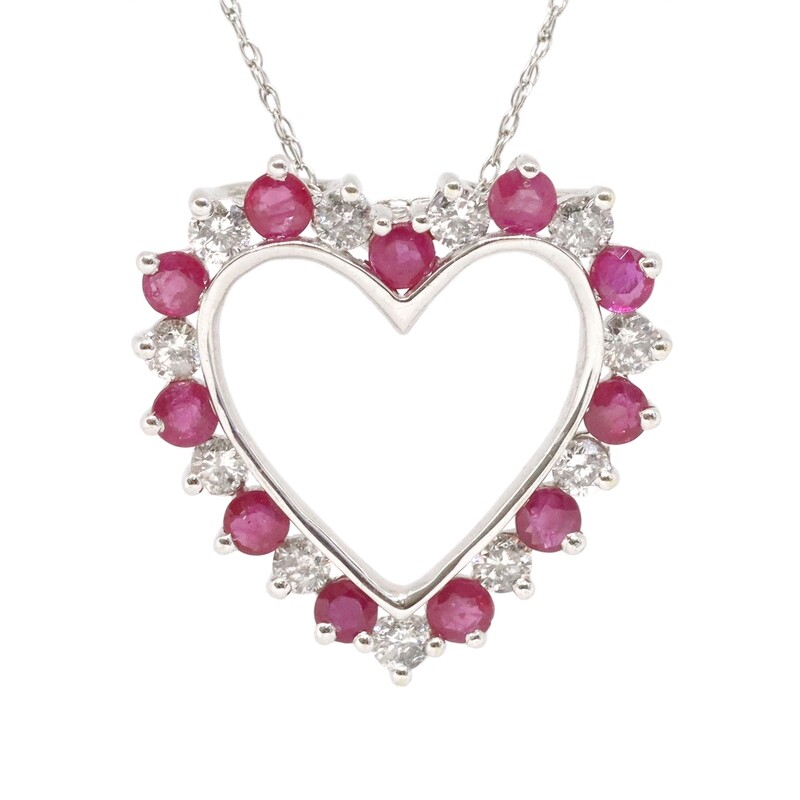 14KT White Gold Alternating Round Ruby and Diamond Heart Necklace