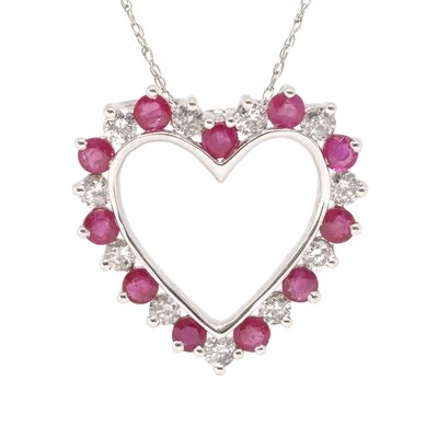 14KT White Gold Alternating Round Ruby and Diamond Heart Necklace