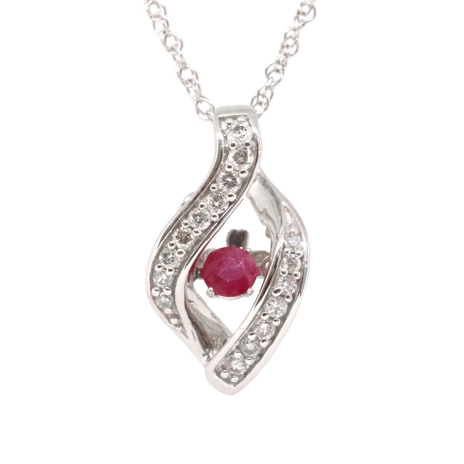 14KT White Gold Dancing Round Ruby Diamond Twist Necklace