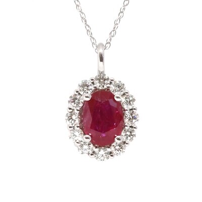 14KT White Gold Oval Ruby Diamond Halo Necklace