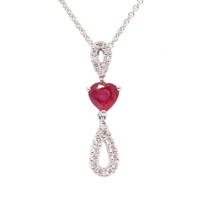 14KT White Gold Heart Ruby Diamond Loop Necklace