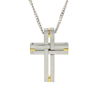Stainless Steel Gold-Plated Accent Interlocking Cross Necklace