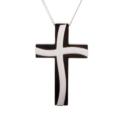 Black and Polished Steel Curvy Cross Necklace