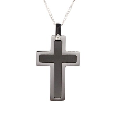 Polished Steel and Black Steel Inlay Cross Necklace