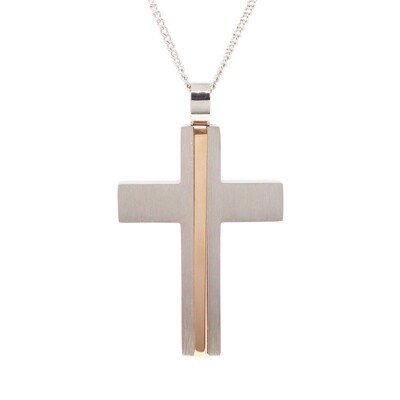 Stainless Steel Copped Tone Stripe Cross Necklace