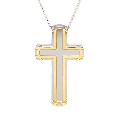Stainless Steel Gold Tone Stripe Cross Necklace