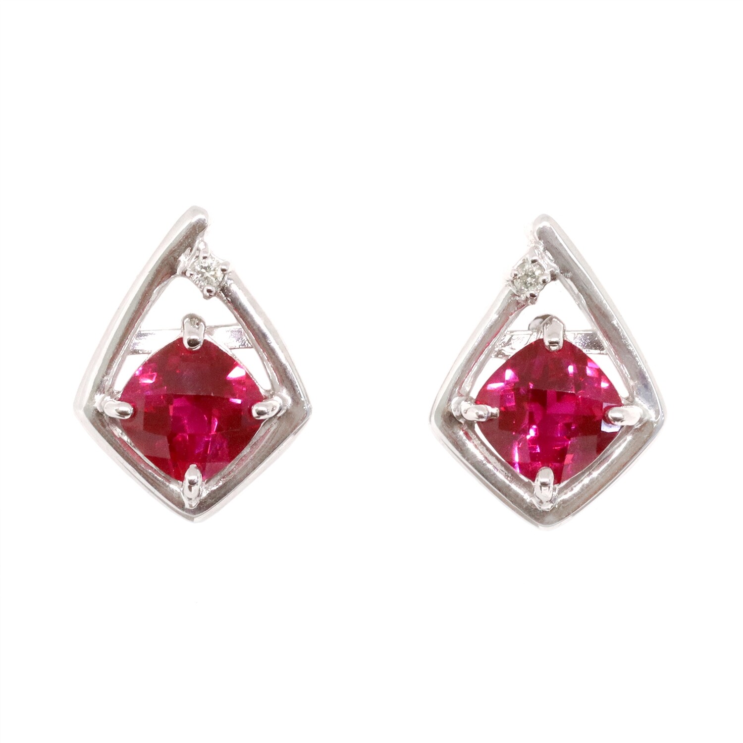 14KT White Gold Created Checkered Cushion Ruby Diamond Accent  Swirl Earrings