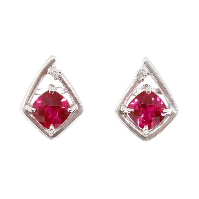 14KT White Gold Created Checkered Cushion Ruby Diamond Accent  Swirl Earrings