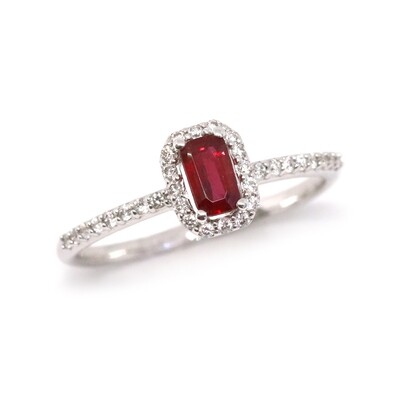 14KT White Gold Rectangle Ruby Diamond Halo Ring